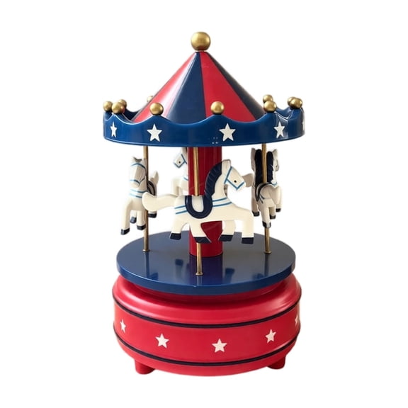 Carousel Music Box and Cake Topper with Rotating Horses, Red White and Blue Star Design for Birthday and Christmas Decoration