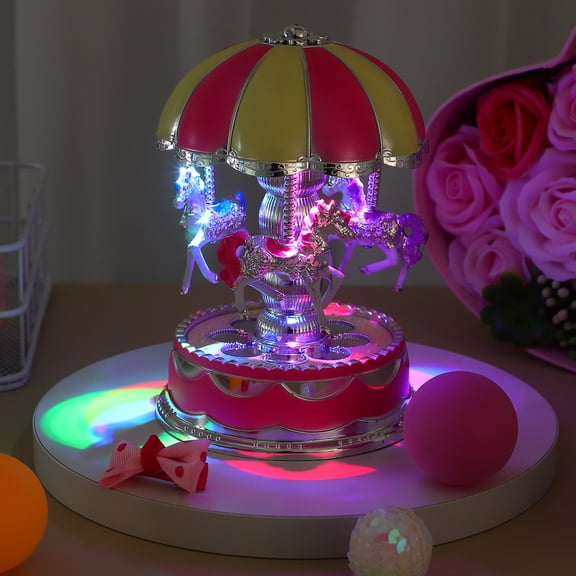 UKCOCO Luxury Carousel Music Box, Pink, 3 Rotating Horses, Romantic Room Decor, Unique Dome, Smooth Lines