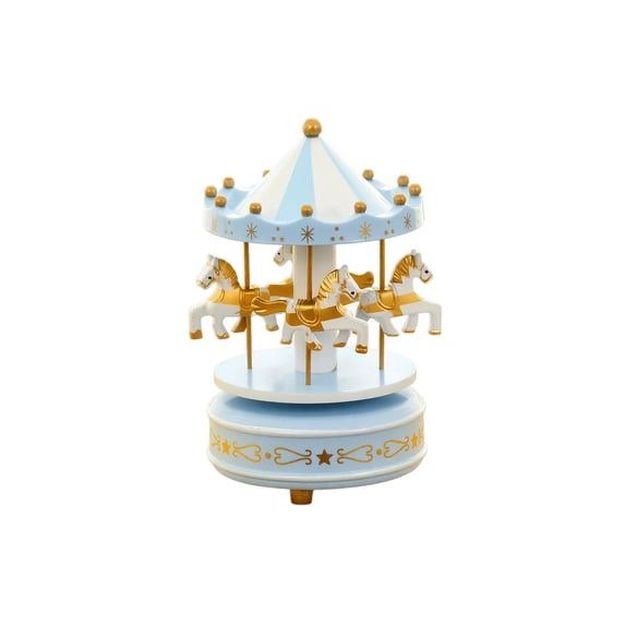 Carousel Music Box with Blue and White Striped Canopy and Gold Accents, Blue White and Gold Design, for Girls and Women, Musical Decoration