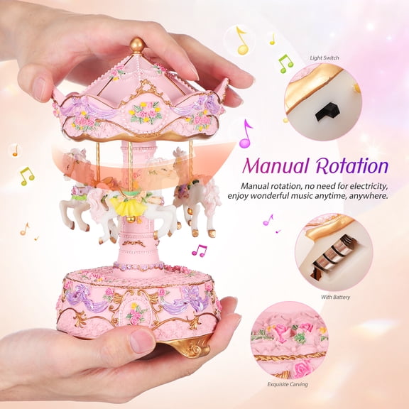 LIOOBO Pink Rotating Carousel Music Box with LED Lights and Mechanical Windup for Desktop Decor