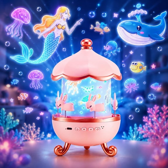Carousel Night Light Star Projector - 15 Projection Films & Soothing Sounds, Customizable Unicorn Pink Bunny Rotating Bedroom Lamp