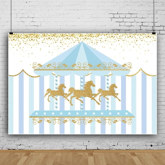 Carousel Photography Background Cartoon Amusement Park Scene Blue Gold Carousel Backdrop Gold Sparkling Blue white Stitching Background for Baby Shower Party Banner