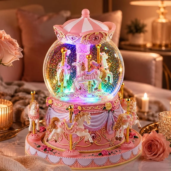 Carousel Snow Globe Music Box with Rotating Horses & LED Lights, Plays You are My Sunshine, Wind Up Musical Snow Globe Keepsake Gift for Daughter, Mom, Wife, Sister, Birthday Christmas Decor