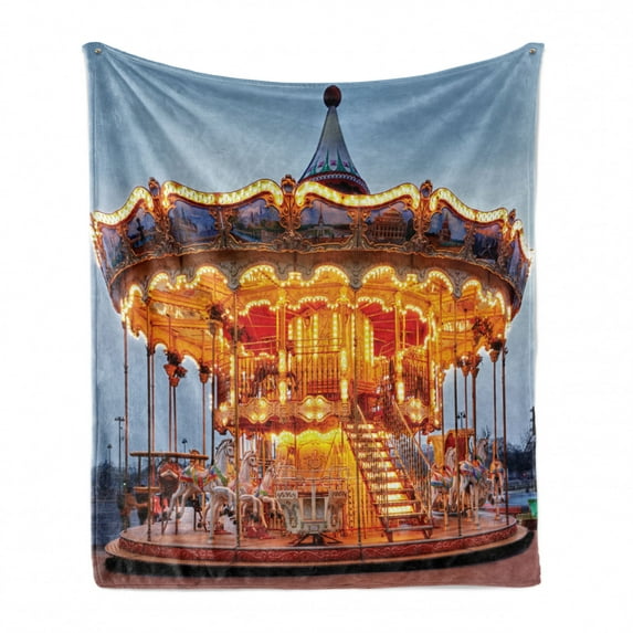 Carousel Soft Flannel Fleece Blanket, Photo of Vintage Ride on Fair with Horses at Twilight Fun Times Print, Cozy Plush for Indoor and Outdoor Use, 50" x 60", Marigold and Blue Grey, by Ambesonne
