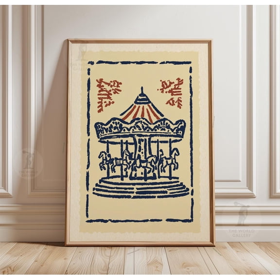 Carousel Stamp Style Poster, Vintage Fairground Art, Linocut Print, Poster Only