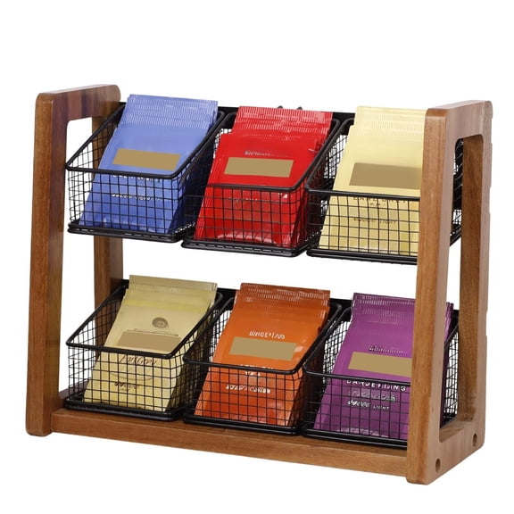 Carousel Tea Bag Organizer for Counter Removable Tea Baskets | Tea Bag Holder with Acacia Wood Station,Tea Sugar Packet Organizers Storage for Cabinet, Countertop