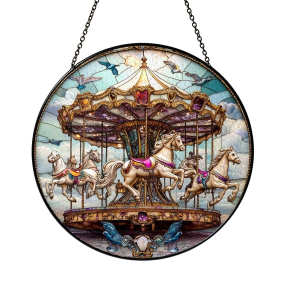 Carousel Theme Stained Glass Style Suncatcher, Nursery Window Hanging Art Panel for Whimsical Home Decor