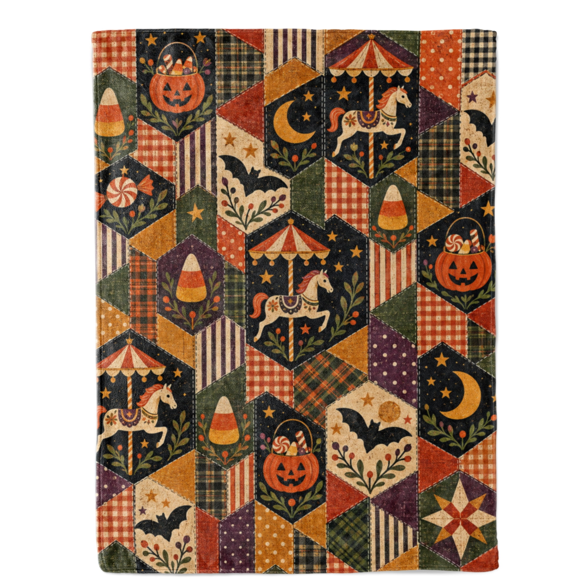 Sweet Carousel Carousel Throw Blanket with Candy Pumpkin Bat Moon Star Flower Corn ...