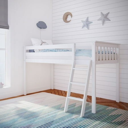Carousel Twin Loft Bed, Solid Wood Loft Bed with Ladder for Kids, White