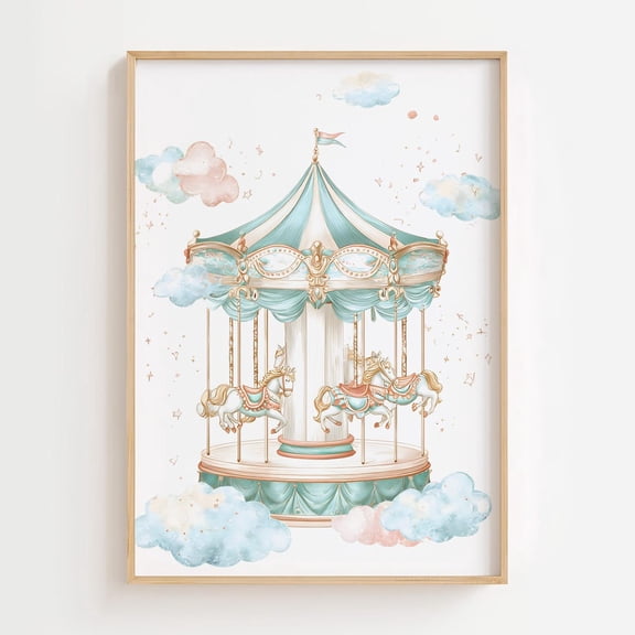 Carousel Wall Art Print, Pastel Carousel Horse Nursery Decor, Whimsical Room Baby Shower , Dreamy Cloud Pink Blue Artwork Home Decor #855, Unframed Poster Size 8x12