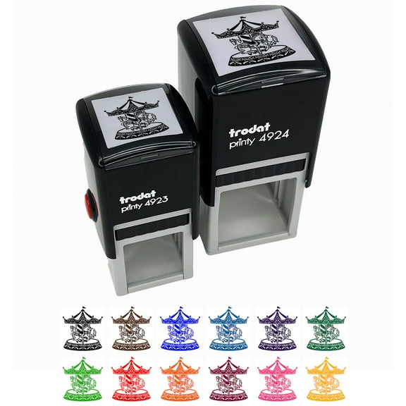 Carousel at a Carnival Fair Amusement Park Merry-Go-Round Self-Inking Rubber Stamp Ink Stamper - Green Ink - Small 1 Inch