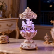 Pink Rotating Carousel Music Box LED Lights, Wind Up Musical, Plays Its a Small World, Cute Gift for Kids Girls Bedroom Decor