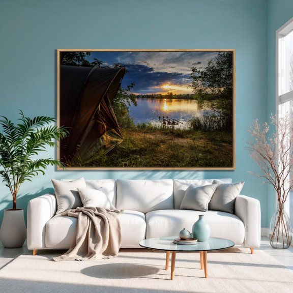 Carp Fishing Art, Lakeside Sunset, Fisherman Wall Decor Home Decor, 12x18 UNFRAMED