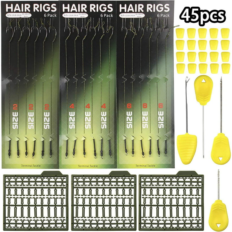 Carp Fishing Hair Rigs Boilie Kit – 45pcs Curved Barbed Carp Hook Braided  Line Bait Stopper Needle Tool Scent Corn