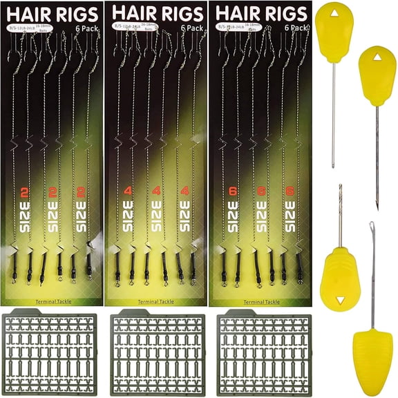 Carp Fishing Hair Rigs Kit, 18pcs Curved Barbed Hook Rigs, 3 Card Boilie Bait Stops and 4pcs Bait Rig Needle Tool, Carp Fishing Tackle Equipment