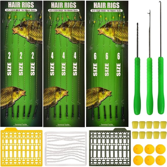 Carp Fishing Hair Rigs Kit, High Carbon Steel Barbed Hook Rigs, Boilies Bait Stopper Floating Ball Bead Fake Corn Needle Tool Kit Carp Fishing Tackle Accessories