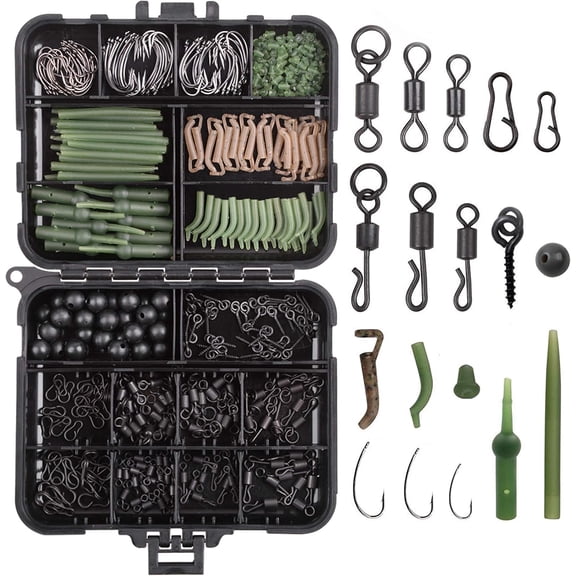 Carp Fishing Tackle Box Kit - 320pcs Fishing Kit Including Swivels, Hooks, Anti-Tangle Sleeves, Beads, Hook Stops, Boilie Bait, Screw Leader Rigging, Terminal Tackle