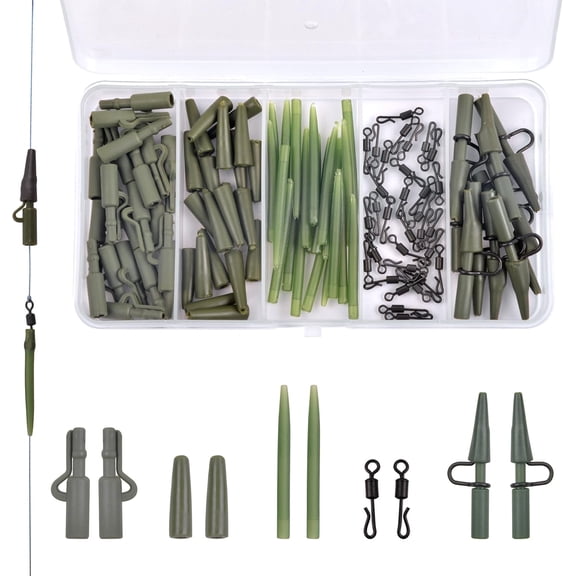 Carp Fishing Tackle Kit 100pcs Carp Fishing Terminal Tackle Set Safety Lead Clips Anti-Tangle Sleeve Quick Change Swivel Tail Rubber Carp Fishing Accessories with Box