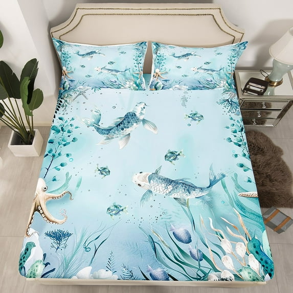 Carp Fitted Sheet Teal Blue Ocean Beach Coastal Twin Bed Sheets,Starfish Octopus Tentacles Sheets Underwater Creature Coral Bedding Set,Kawaii Koi Fish Room Decor(No Top Sheet)