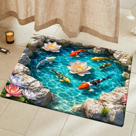 Carp Lotus Pattern Fun Doormat, 0.39 Inch Thick Polyester Fleece, Non-Slip Washable Floor Mat for Bedroom Kitchen Bathroom Home Spring Decor