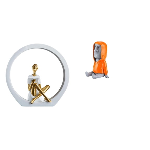 CarpNettore Abstract Farmhouse Girl Figurine and Moai Head Statue Sculpture for Bedroom Bookshelf Centerpiece Versatile Women Readers Gift Retro Resin Decor