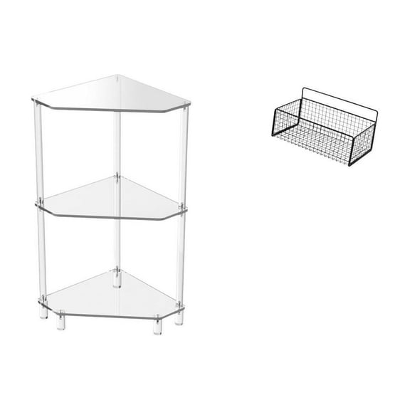 CarpNettore Acrylic Corner Side Table with Hanging Storage Basket Three Tier End Table Wall Mounted Organizer Farmhouse Decor Modern Acrylic And Metal Wire Suitab