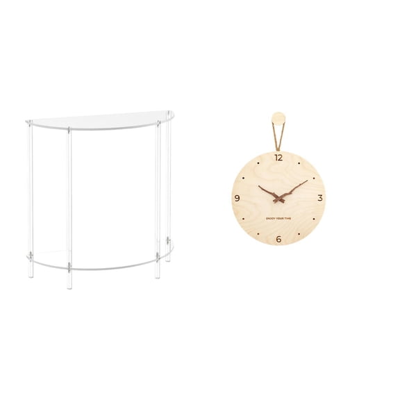 CarpNettore Acrylic Side Table for Small Space with Wood Wall Clock Decorative Accent End Table Minimalist Modern Nordic Ornament for Living Room Bedroom Home
