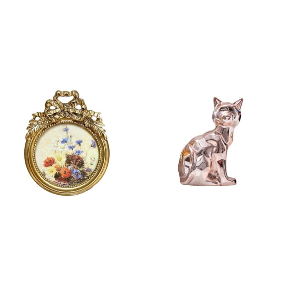 CarpNettore Antique Cat Photo Frame Vintage Animal Figurine Round Ornate European Sculpture Art Craft Ornament for Wedding Gift Ideas and Fireplace Display