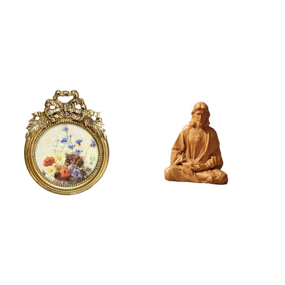 CarpNettore Antique Sacred Heart Photo Frame Vintage Jesus Statue Round Ornate European Desktop Wall Display Collectible Gift Ideas for Wedding Hallway Bedroom Office Desk Fireplace