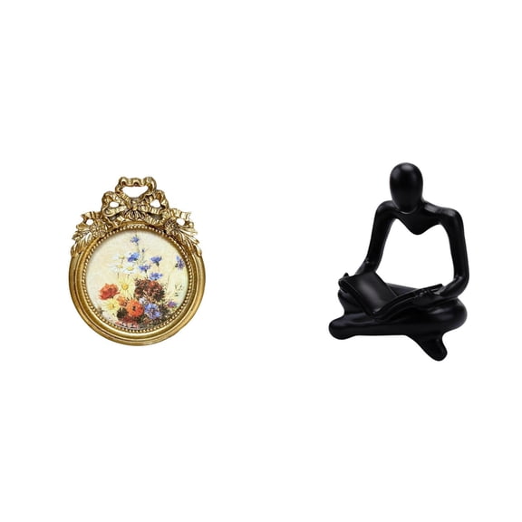 CarpNettore Antique Vintage Round Ornate European Photo Frame with Creative Abstract Thinker Sculpture for Living Room and Wedding Gift Display