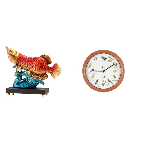 CarpNettore Arowana Fish Singing Bird Resin Tabletop Ornament Prosperity Sculpture Decorative Figurine Wall Clock Hanging Decor for Entrance Living Room Kitchen Home Decoration