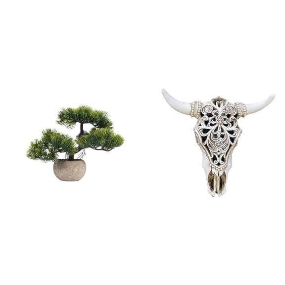 CarpNettore Artificial Bonsai Tree Greenery Collection Faux Plant Centerpieces Cow Head Wall Decor Ornament Hanging Craft Bull Sculpture Art Office Farmhouse Bedroom