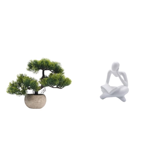 CarpNettore Artificial Bonsai Tree Greenery Collection Faux Plant Pot Centerpiece Abstract Thinker Statue Tabletop Living Room Shelf Office Decor