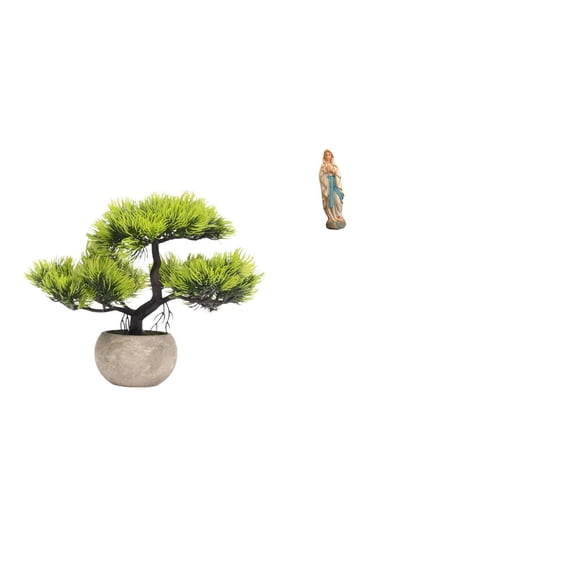 CarpNettore Artificial Bonsai Tree Greenery Collection Faux Plant Pot Centerpieces Virgin Mary Lady Luther Figurine Decorative Desk Display Blessed Sculpture Resin Jesus
