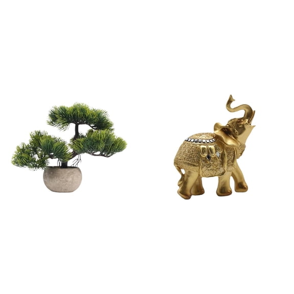 CarpNettore Artificial Bonsai Tree Greenery Collection Faux Plant in Pot Elephant Statue Desktop Ornament Resin Art Crafts Animal Sculpture Decorative Figurine for Table Centerpieces Shelf
