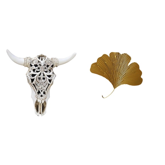 CarpNettore Bull Head Wall Sculpture Resin Cow Head Wall Decor Ginkgo Leaf Wrought Iron Wall Ornament Unique Pattern Suitable for Living Room Bedroom Corrid