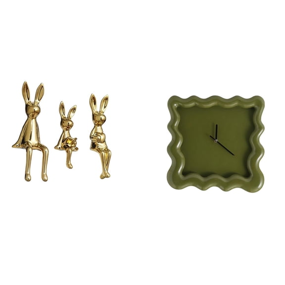 CarpNettore Bunny Family Figurine Sculpture And Square Wall Clock Centerpiece for Desk Table Cabinet Bookshelf Bathroom Farmhouse Kitchen Study Decor
