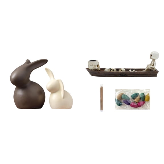 CarpNettore Ceramic Bunny Statue Set and Skull Ship Incense Burner Tabletop Ornament Sculpture for Easter Halloween Cabinet Garden Bedroom Decor