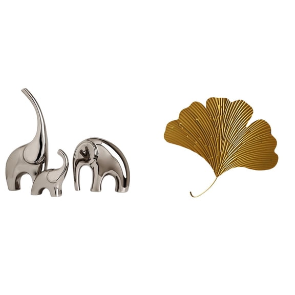 CarpNettore Ceramic Elephant Family Figurines and Wrought Iron Ginkgo Leaves Wall Mounted Sculpture for Home Living Room Office Hotel Dining Room Restaurant Decor