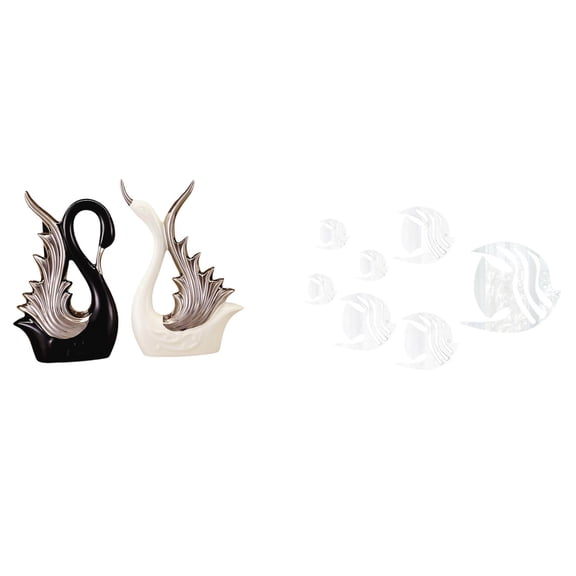 CarpNettore Ceramic Swan Figurines and Acrylic Fish Mirror Wall Decals Sculpture Collection for Shelf Fireplace Sofa TV Background Anniversary Decor