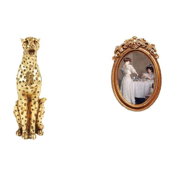 CarpNettore Cheetah Figurine Gold Cheetah Statue Photo Frame Vintage Picture Frame Resin Ornament Artistic Desktop Decor Suitable for Living Room Office Kitchen S