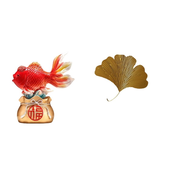 CarpNettore Chinese Feng Shui Fish Statue And Wrought Iron Ginkgo Leaves Wall Decor Abstract Koi Sculpture for Entryway Office Home Living Room Dining Room Hotel
