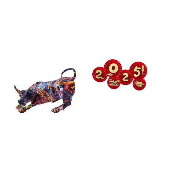CarpNettore Colorful Resin Bull Figurines And Feng Shui Animal Sculptures with Chinese New Year Paper Fan Decorations for Living Room Desk And Festival Celebratio