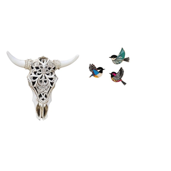 CarpNettore Cow Head Wall Decor Sculpture and Wooden Bird Wall Art Hanging Craft for Office Garden Farmhouse Bedroom Study Room Wall Ornament
