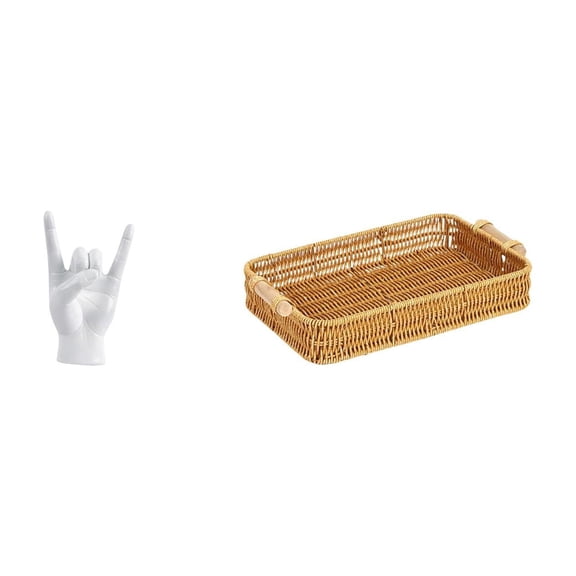 CarpNettore Creative Hand Gesture Sculpture and Woven Fruit Basket Decorative Piece for Apartment Bedroom Restaurant Desktop Snack and Bread Display