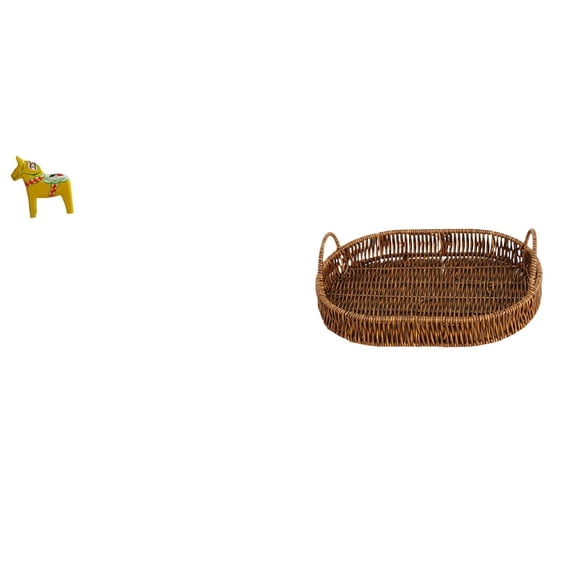 CarpNettore Dalecarlian Horse Sculpture and Wicker Rattan Basket Fruit Bowl Handcrafted Animal Figurine and Woven Organizer for Home Decor and Kitchen Display