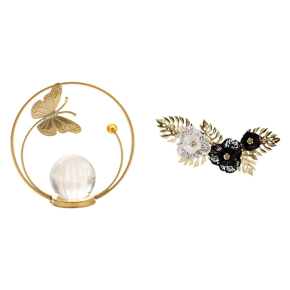 CarpNettore Decorative Metal Sculpture Crystal Ball Stand Nordic Style Flower Leaves Hanging Artwork for Hallway Fireplace Bedroom Living Room Office