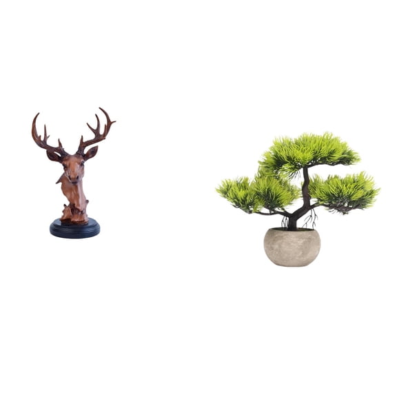 CarpNettore Deer Head Bonsai Ornament Resin Animal Statue Faux Greenery Figurine Decorative Adornment for NightStand Table Centerpieces Home Decor