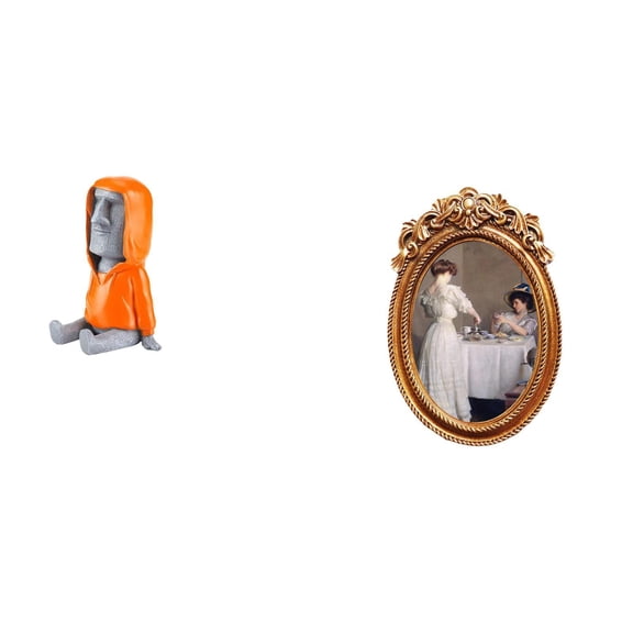 CarpNettore Easter Island Head Statue Moai Antique Portrait Sculpture Resin Decor for Bedroom Bookshelf with Ornate Photo Frame Tabletop Display Holder Stand