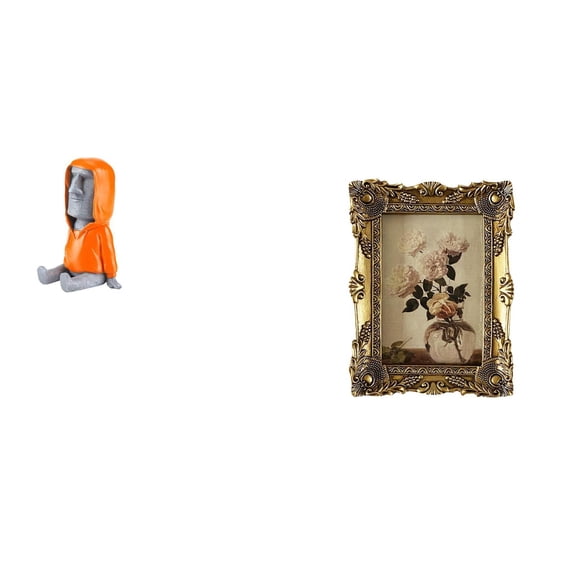 CarpNettore Easter Island Head Statue Moai Antique Portrait Sculpture Resin Decor for Desktop Bedroom Bookshelf with Ornate Vintage Photo Frame Display Ornament for Tabletop Hallway Wedding